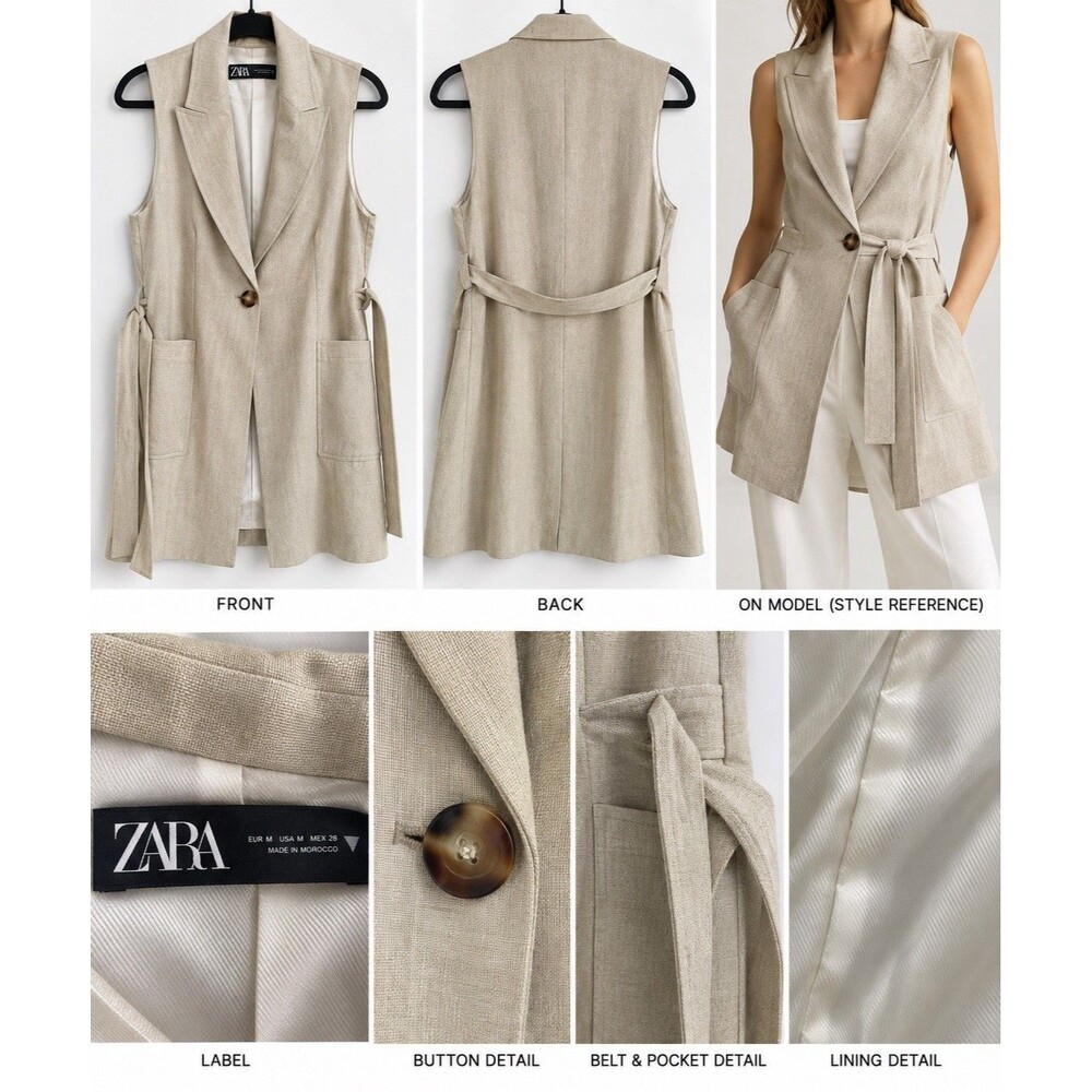 Zara Womens  Vest Size M Beige Linen Blend Longline Vest Blazer Sleeveless Lux